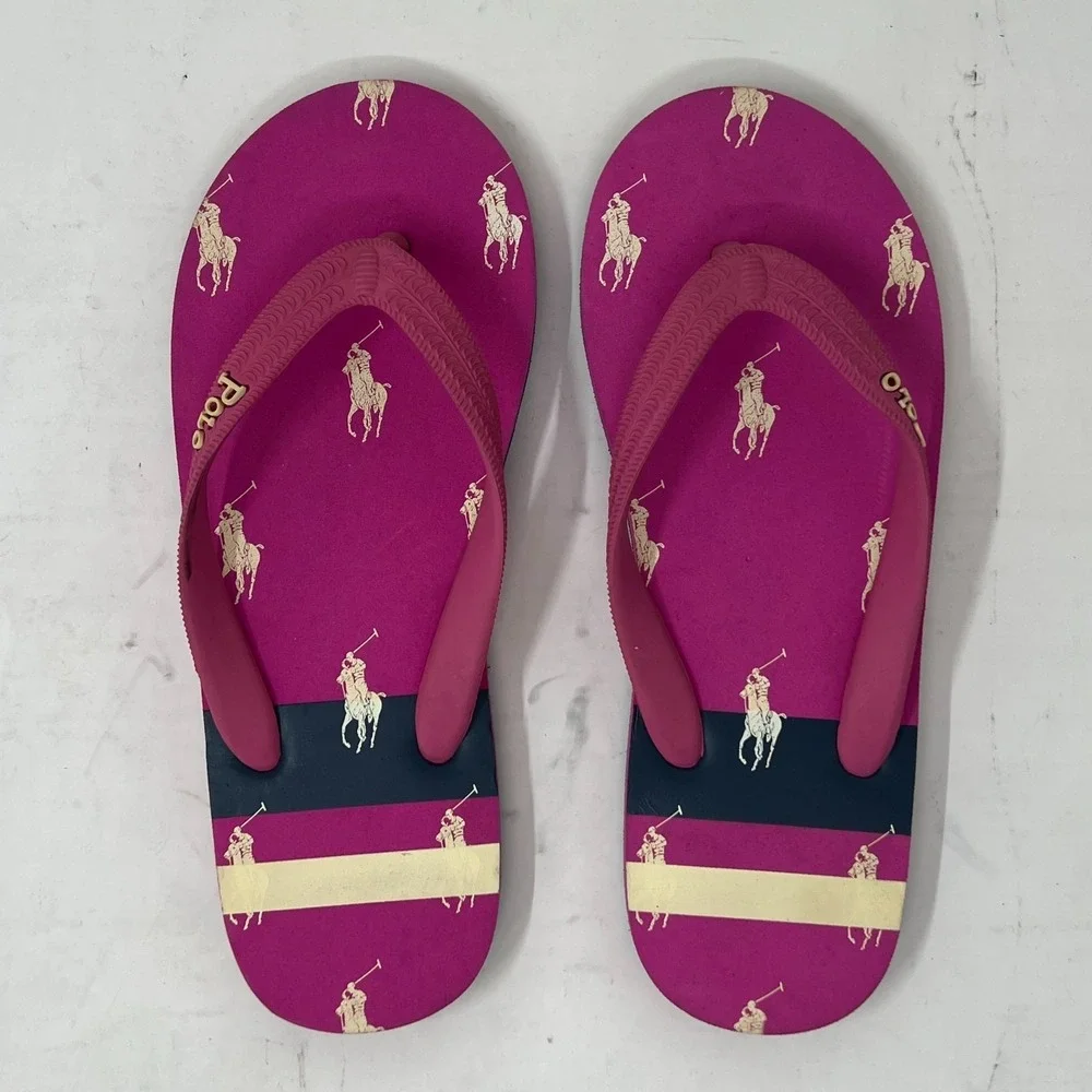 Polo Ralph Lauren Unisex Junior Flip Flop Pink/Ivory Pony Logo US Size 4 VTG NEW